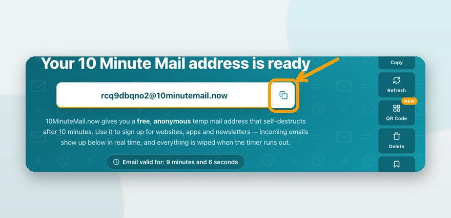Step 1: the temporary address with the copy button highlighted